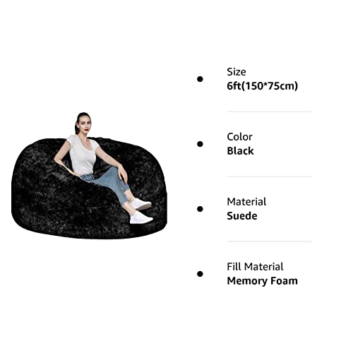 FAFAD Giant Bean Bag Chair for Adults, 6ft Big Bean Bag Cover Comfy Bed (No Filler, Cover only) Fluffy Lazy Sofa (Black), (150*75cm)