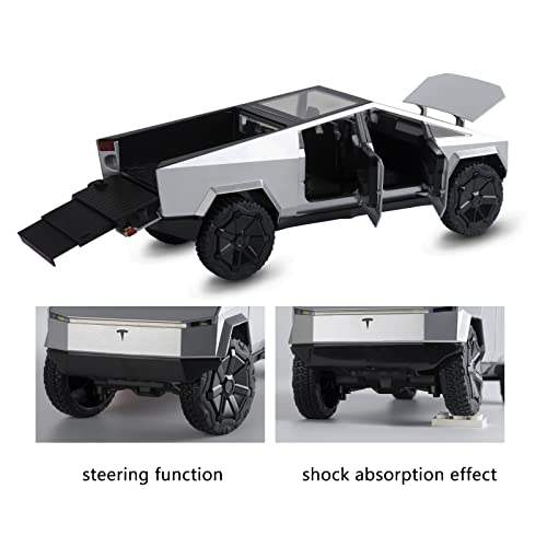 Toy Trucks for Boys Cybertruck Model Silver Pickup Truck 1/24 Diecast Metal Toy Cars with Sound and Light for Kids Age 3 Year and Up