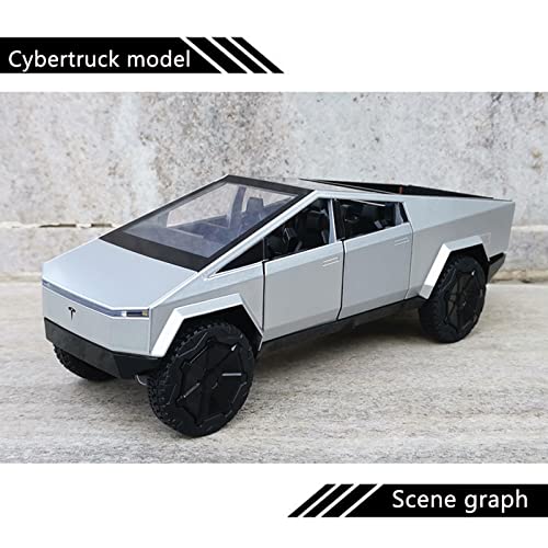 Toy Trucks for Boys Cybertruck Model Silver Pickup Truck 1/24 Diecast Metal Toy Cars with Sound and Light for Kids Age 3 Year and Up