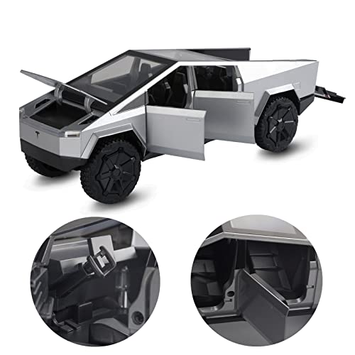 Toy Trucks for Boys Cybertruck Model Silver Pickup Truck 1/24 Diecast Metal Toy Cars with Sound and Light for Kids Age 3 Year and Up