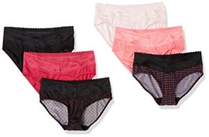 warner's womens blissful benefits no muffin tailored 6-pack hipster panties, pale pink/lady bug dot/black/flamingo pink/miami pink octagon/vivacious, 2x us
