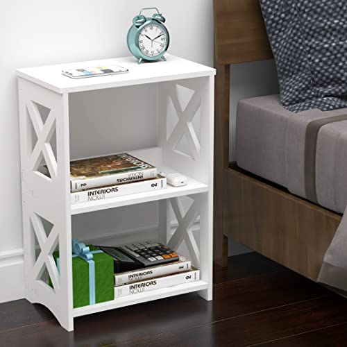 LUCKNOCK 3-Tiers Side Table, Narrow End Table with Storage Shelf, Simple Bedside Table Nightstand, Small Bookshelf Bookcase, Display Rack for Bathroom, Bedroom, Living Room and Office, White