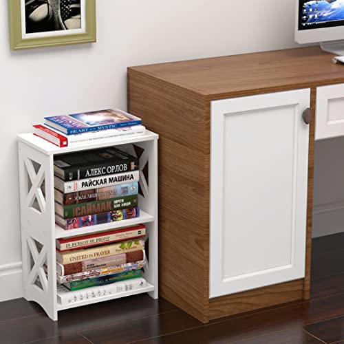 LUCKNOCK 3-Tiers Side Table, Narrow End Table with Storage Shelf, Simple Bedside Table Nightstand, Small Bookshelf Bookcase, Display Rack for Bathroom, Bedroom, Living Room and Office, White