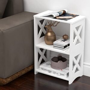 LUCKNOCK 3-Tiers Side Table, Narrow End Table with Storage Shelf, Simple Bedside Table Nightstand, Small Bookshelf Bookcase, Display Rack for Bathroom, Bedroom, Living Room and Office, White