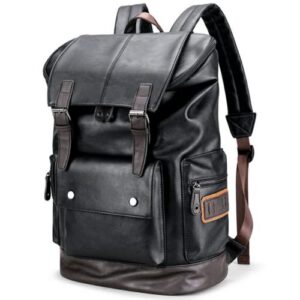 chao ran vintage leather laptop backpack for men, men black leather backpack work business travel waterproof bags college backpack fit 17 inch laptop black