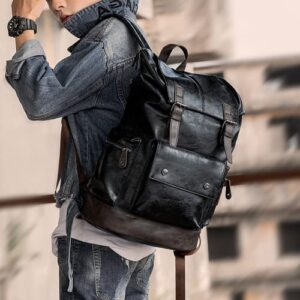 CHAO RAN Vintage Leather Laptop Backpack For Men, Men Black Leather Backpack Work Business Travel Waterproof Bags College Backpack Fit 17 Inch Laptop Black