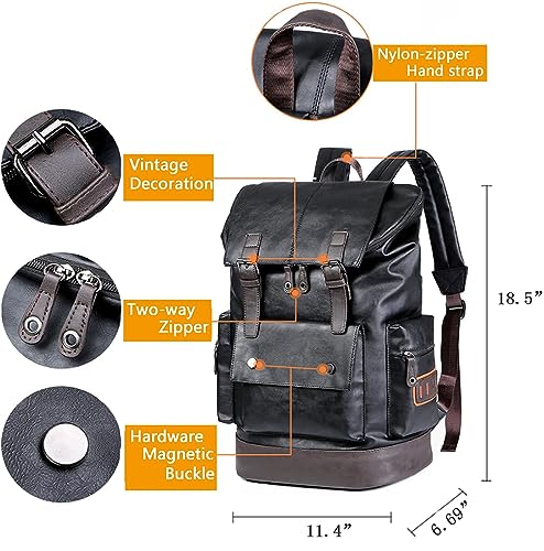 CHAO RAN Vintage Leather Laptop Backpack For Men, Men Black Leather Backpack Work Business Travel Waterproof Bags College Backpack Fit 17 Inch Laptop Black