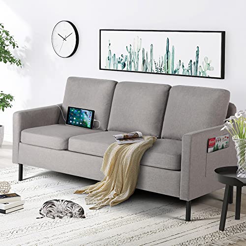 STHOUYN 72" W Sectional Sofa 3 Seat Couch, Mid Century Modern Sofa with 2 USB, Couches Sofas for Living Room Apartment Bedroom, Comfortable Small Couches for Small Spaces (Light Grey (3-Seater))