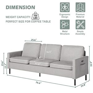 STHOUYN 72" W Sectional Sofa 3 Seat Couch, Mid Century Modern Sofa with 2 USB, Couches Sofas for Living Room Apartment Bedroom, Comfortable Small Couches for Small Spaces (Light Grey (3-Seater))