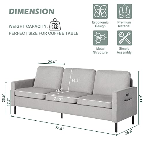 STHOUYN 72" W Sectional Sofa 3 Seat Couch, Mid Century Modern Sofa with 2 USB, Couches Sofas for Living Room Apartment Bedroom, Comfortable Small Couches for Small Spaces (Light Grey (3-Seater))