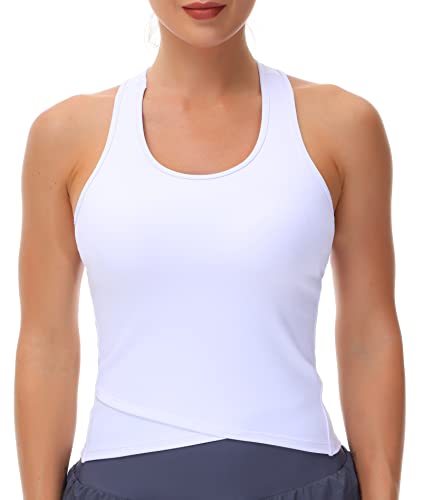 Women’s Racerback Workout Tank Tops with Built in Bra Sleeveless Running Yoga Shirts Slim Fit (Large, White)