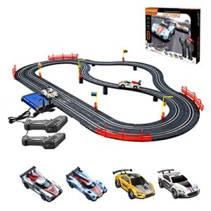 electric racing tracks for boys and kids slot car race track sets including 4 slot cars 1:43 scale and 2 hand controllers, gift toys for children