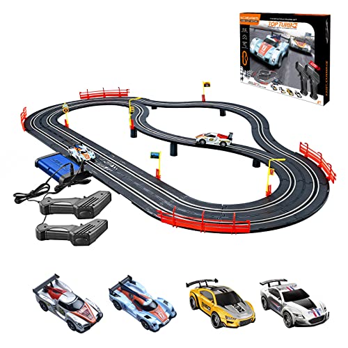 Electric Racing Tracks for Boys and Kids Slot Car Race Track Sets Including 4 Slot Cars 1:43 Scale and 2 Hand Controllers, Gift Toys for Children