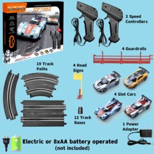 Electric Racing Tracks for Boys and Kids Slot Car Race Track Sets Including 4 Slot Cars 1:43 Scale and 2 Hand Controllers, Gift Toys for Children