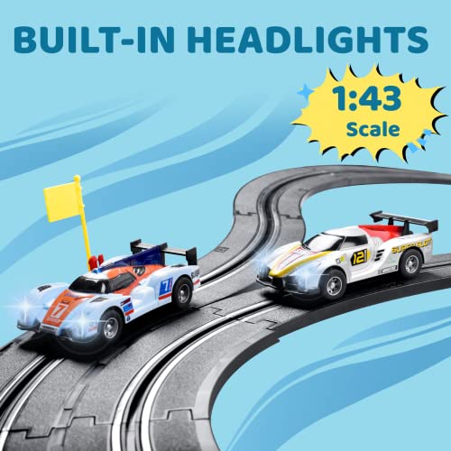 Electric Racing Tracks for Boys and Kids Slot Car Race Track Sets Including 4 Slot Cars 1:43 Scale and 2 Hand Controllers, Gift Toys for Children