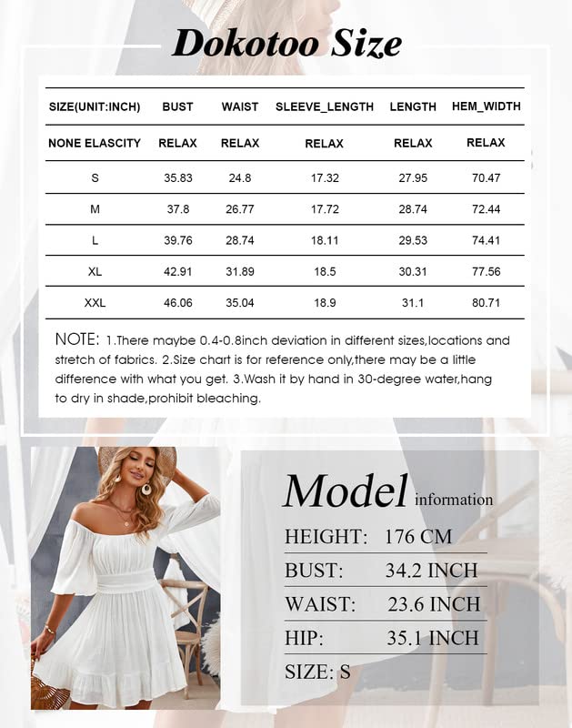 Dokotoo Square Neck Summer Dresses for Women 2023 Puff Sleeve Tie Backless Sexy Dresses Elastic Waist Ruffle A-Line Casual White Dress for Wedding Guest Small