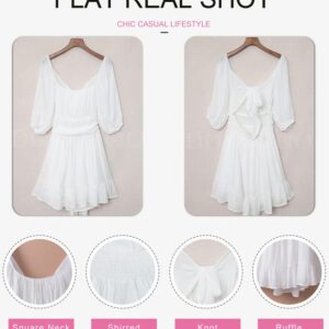 Dokotoo Square Neck Summer Dresses for Women 2023 Puff Sleeve Tie Backless Sexy Dresses Elastic Waist Ruffle A-Line Casual White Dress for Wedding Guest Small