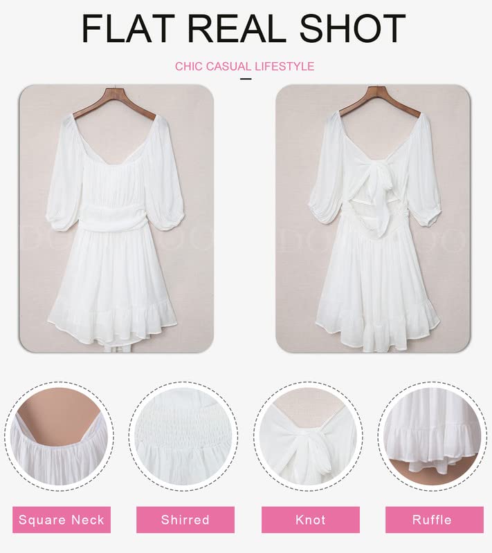 Dokotoo Square Neck Summer Dresses for Women 2023 Puff Sleeve Tie Backless Sexy Dresses Elastic Waist Ruffle A-Line Casual White Dress for Wedding Guest Small