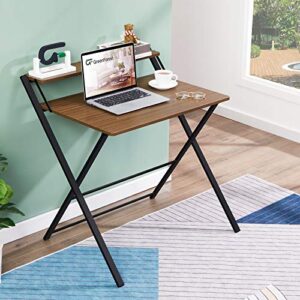 GreenForest Small Folding Desk No Assembly Required, Fully Unfold 27.3 x 22 inch 2-Tier Computer Desk with Shelf Space Saving Foldable Table for Small Spaces, Espresso