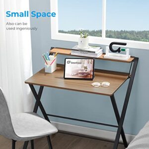 GreenForest Small Folding Desk No Assembly Required, Fully Unfold 27.3 x 22 inch 2-Tier Computer Desk with Shelf Space Saving Foldable Table for Small Spaces, Espresso