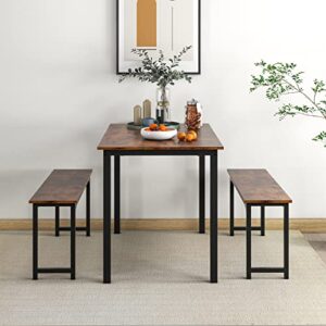 Tangkula 3-Piece Dining Table Set, Rectangular Kitchen/Dining Table with 2 Benches, Metal Frame, Space-Saving Furniture, Modern 4-Person Dinette for Kitchen, Dining Room
