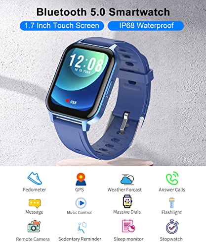 Jassco Smart Watch, Fitness Tracker for Android Phones and iPhone with Pedometer, Sleep Monitor, Music Control, IP68 Waterproof Bluetooth Sport Watch Activity Tracker with 1.7’’ Touch Screen -Blue