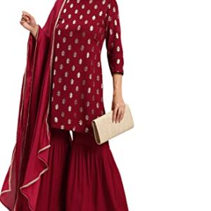 Janasya Indian Women's Maroon Rayon Kurti With Sharara And Dupatta(SET322-KR-SHA-XS)