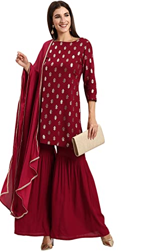 Janasya Indian Women's Maroon Rayon Kurti With Sharara And Dupatta(SET322-KR-SHA-XS)