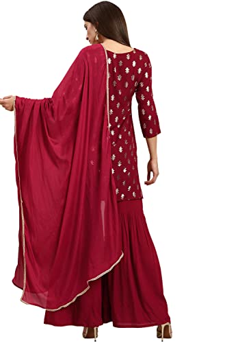 Janasya Indian Women's Maroon Rayon Kurti With Sharara And Dupatta(SET322-KR-SHA-XS)