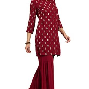 Janasya Indian Women's Maroon Rayon Kurti With Sharara And Dupatta(SET322-KR-SHA-XS)