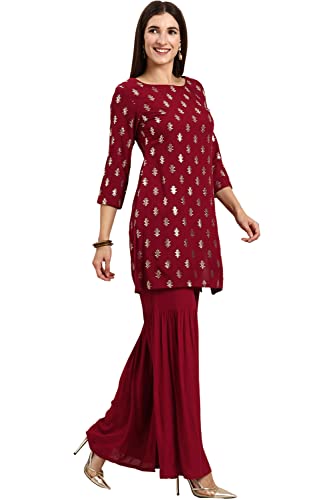 Janasya Indian Women's Maroon Rayon Kurti With Sharara And Dupatta(SET322-KR-SHA-XS)