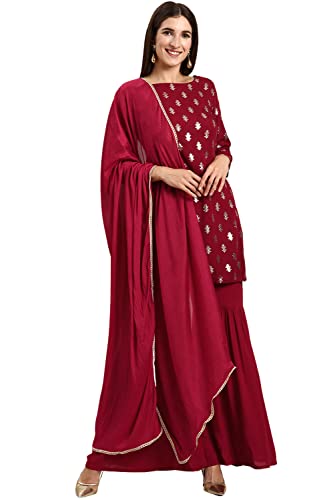 Janasya Indian Women's Maroon Rayon Kurti With Sharara And Dupatta(SET322-KR-SHA-XS)