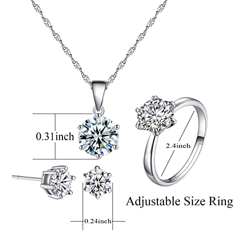 Harlorki Women Lady Girl's 925 Silver Plated Round Circle Crystal Rhinestone Pendent Chain Necklace Stud Earring Finger Ring Jewelry Set