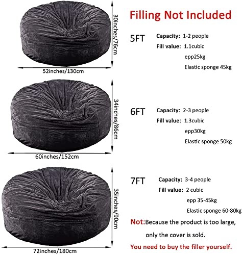 EKWQ 5 6 7 FT Bean Bag Chair Cover Chair Cushion, Big Round Soft Fluffy PV Velvet Sofa Bed Cover(it was only a Cover, not a Full Bean Bag) Living Room Furniture Lazy Sofa Bed Cover, Black, 5FT
