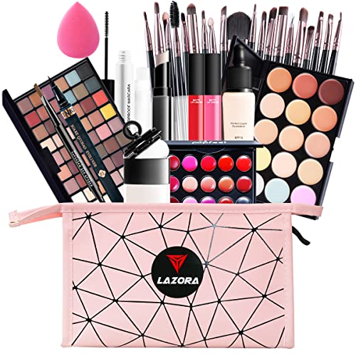 All in One Makeup Kit For Girls Include Eyeshadow Cosmetic Brush Concealer Lipstick Lip Gloss Concealer Stick Mascara Eyeliner Eyebrow Pencil Lip Balm Powder Puff Loose Powder-Makeup Set