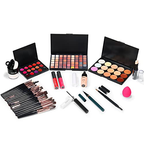 All in One Makeup Kit For Girls Include Eyeshadow Cosmetic Brush Concealer Lipstick Lip Gloss Concealer Stick Mascara Eyeliner Eyebrow Pencil Lip Balm Powder Puff Loose Powder-Makeup Set