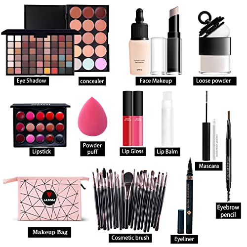 All in One Makeup Kit For Girls Include Eyeshadow Cosmetic Brush Concealer Lipstick Lip Gloss Concealer Stick Mascara Eyeliner Eyebrow Pencil Lip Balm Powder Puff Loose Powder-Makeup Set