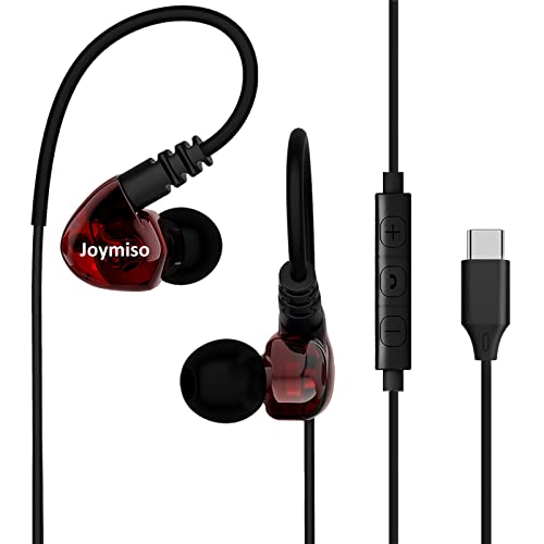 Joymiso USB C Headphones Type C Earbuds w Microphone and Volume for Samsung Galaxy S20 S21 Ultra Google Pixel OnePlus iPad Pro, Wired Sport Earphones, Over Ear Buds for Kids Women Small Ears (Red)