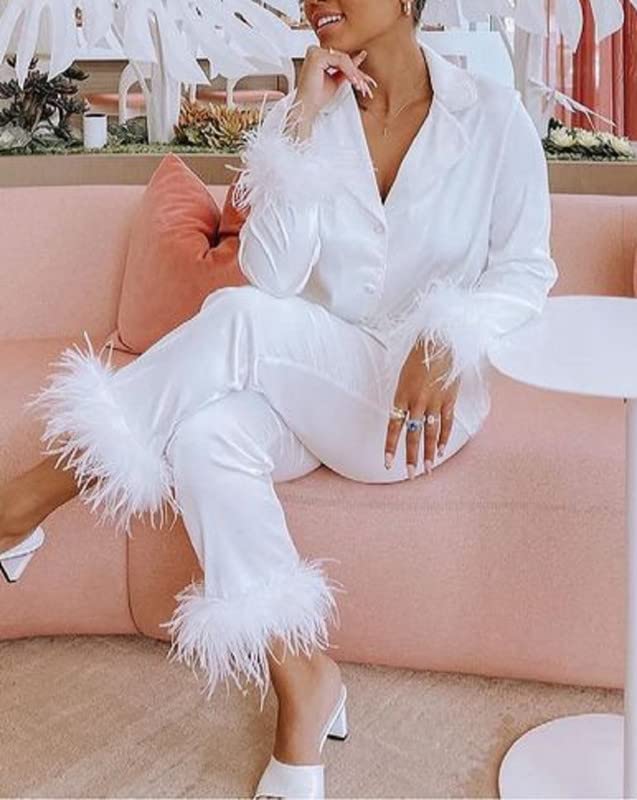 NUFIWI Stain Long Sleeve Button Down Pajamas Suit with Feather Trim Solid Color Sleepwear Set 2022 Summer Fashion Nightwear White