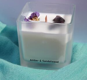 natural soy wax scented candles - lavender vanilla scented candle & amber sandalwood with wooden wick in a frosted glass square jar with bamboo lid by september 98