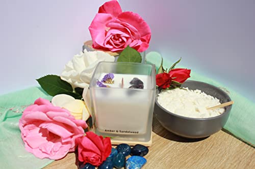 Natural Soy Wax Scented Candles - Lavender Vanilla Scented Candle & Amber Sandalwood with Wooden Wick in a Frosted Glass Square Jar with Bamboo Lid by September 98