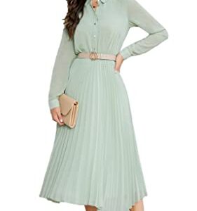 AbleTree Business Casual Shirt Dress for Women Long Sleeves Pleated Midi Dresses with Belt Mint Green