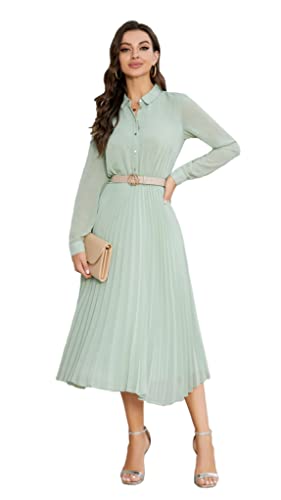 AbleTree Business Casual Shirt Dress for Women Long Sleeves Pleated Midi Dresses with Belt Mint Green