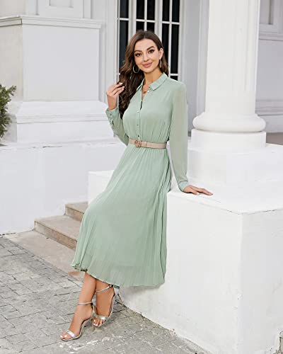 AbleTree Business Casual Shirt Dress for Women Long Sleeves Pleated Midi Dresses with Belt Mint Green