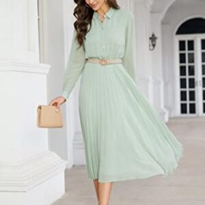 AbleTree Business Casual Shirt Dress for Women Long Sleeves Pleated Midi Dresses with Belt Mint Green