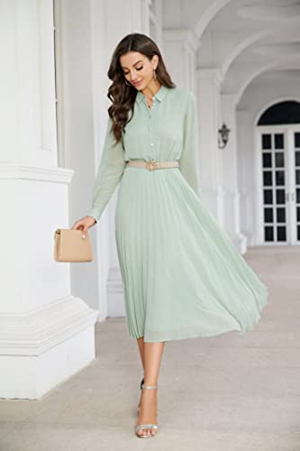 AbleTree Business Casual Shirt Dress for Women Long Sleeves Pleated Midi Dresses with Belt Mint Green