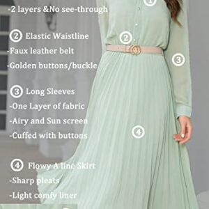 AbleTree Business Casual Shirt Dress for Women Long Sleeves Pleated Midi Dresses with Belt Mint Green