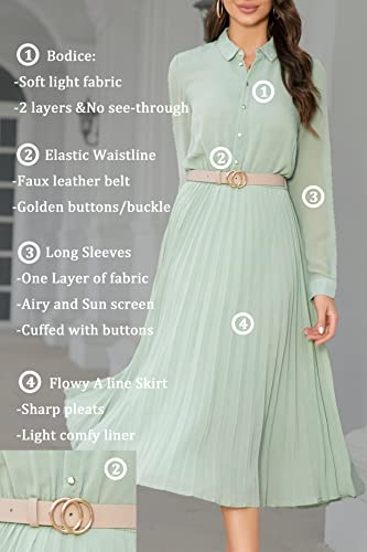 AbleTree Business Casual Shirt Dress for Women Long Sleeves Pleated Midi Dresses with Belt Mint Green