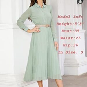 AbleTree Business Casual Shirt Dress for Women Long Sleeves Pleated Midi Dresses with Belt Mint Green