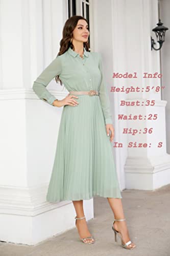 AbleTree Business Casual Shirt Dress for Women Long Sleeves Pleated Midi Dresses with Belt Mint Green